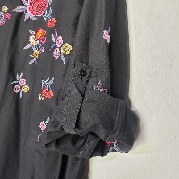 Zara Floral Embroidered Button Front Tunic Top Oversized XS Black Boho - Picture 8 of 9